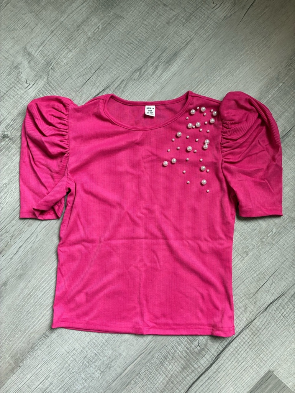 SHEIN Hot Pink Puff Sleeve Top with Pearl Accents
